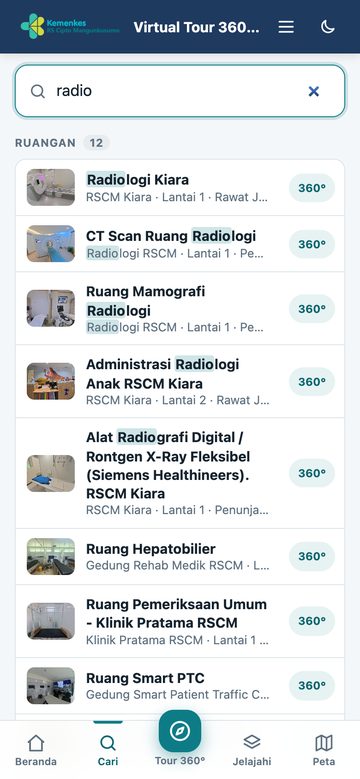 Mencari ruangan & alat — tampilan ponsel