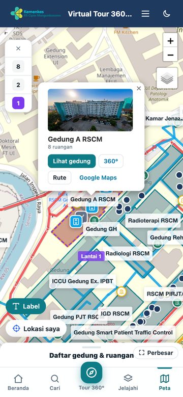Gedung & lantai di peta — tampilan ponsel