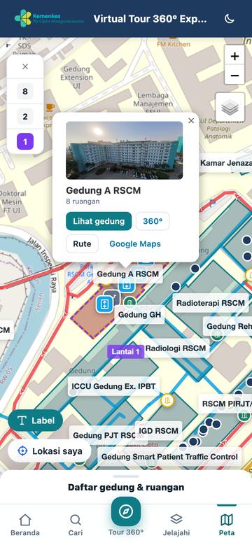 Gedung & lantai di peta — tampilan ponsel